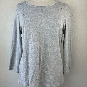 Pre-Owed Gloria Vanderbilt Womens Gray Long Sleeve Shirt w/Embroidered Flowers L